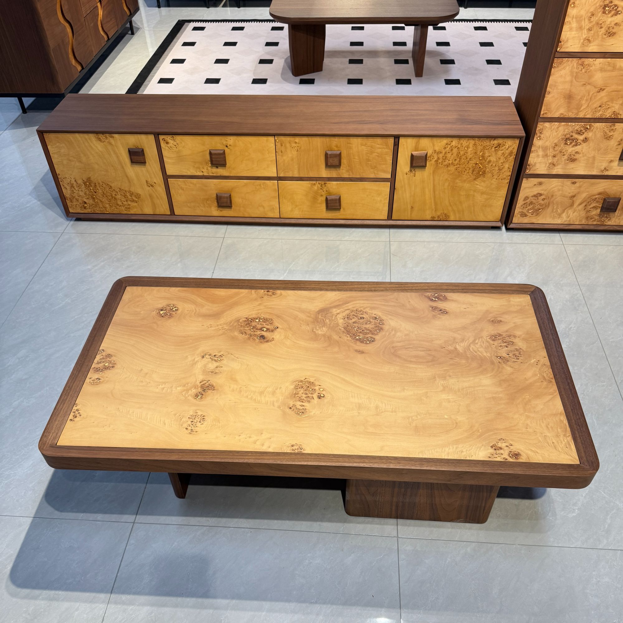 三记【繁花】茶几设计师中古风复古风黑胡桃树瘤天然纹理平面特色