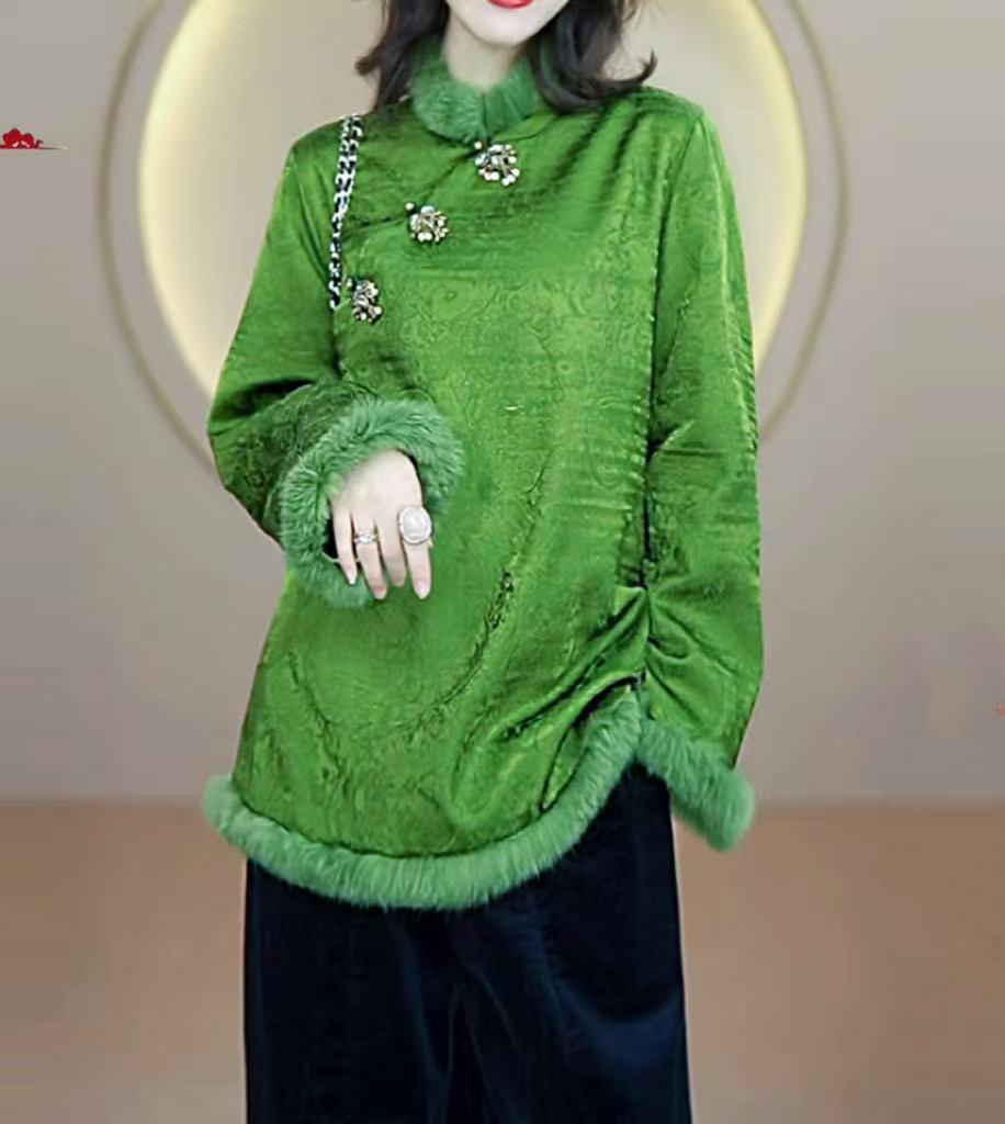 【780】2025秋冬新款新中式国风复古斜襟毛边气质百搭宽松显瘦上衣