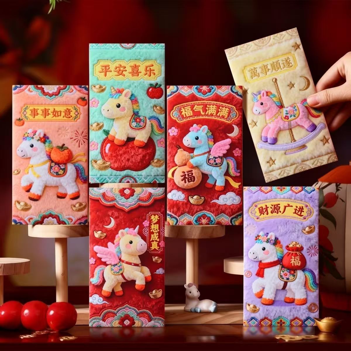 创意防绒刺绣平面印刷卡通风格马年春节新年压岁利是封