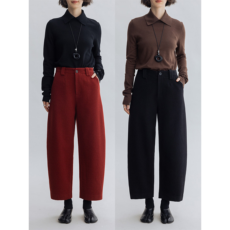 简约镰刀弧形 后松紧腰九分休闲裤女秋冬-黑色/红色