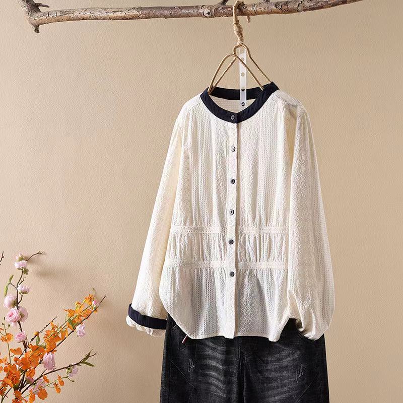 新款春季洋气时尚休闲百搭绣花衬衫春秋宽松显瘦文艺衬衣女351