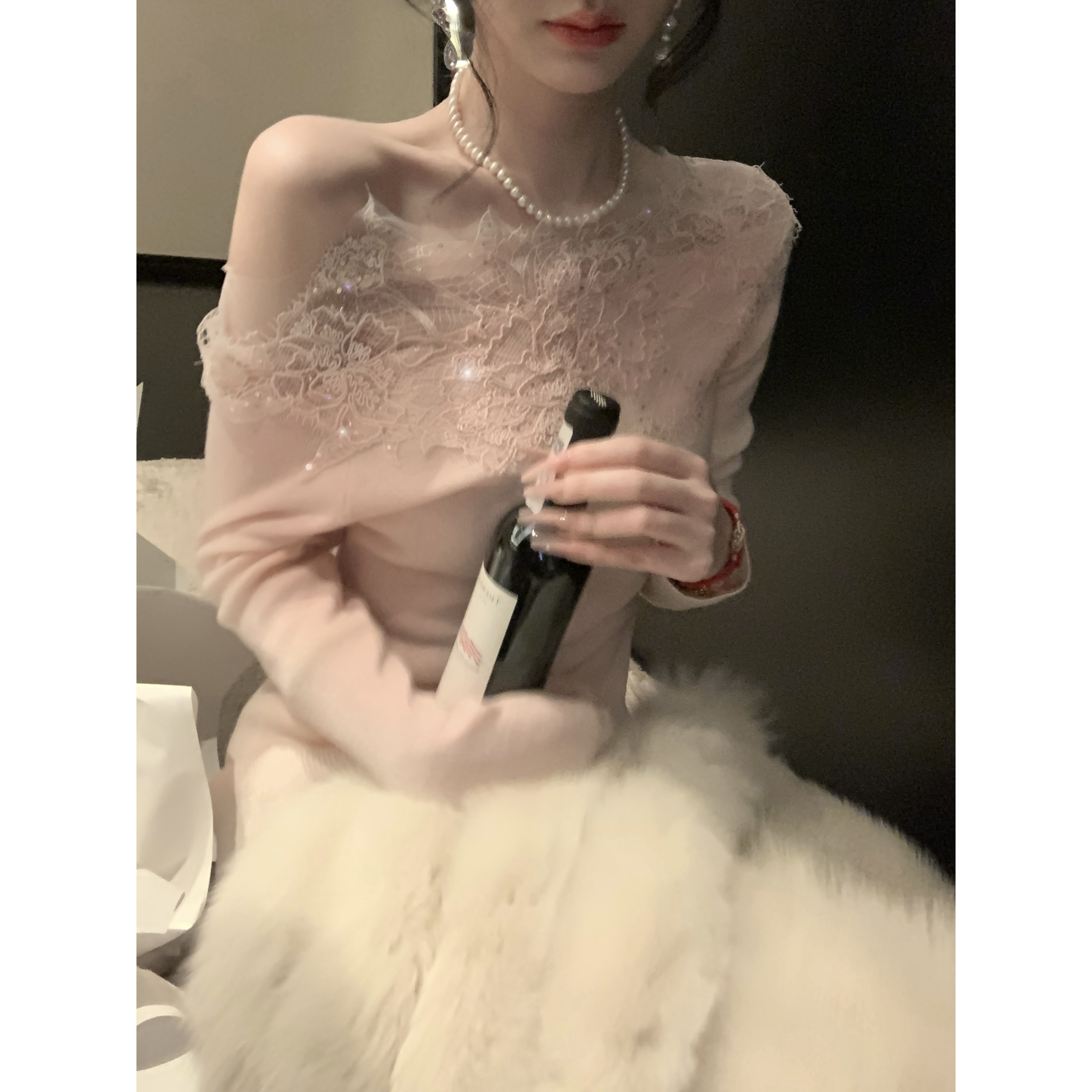 【雅乔定制】眉眼盈盈 绵羊毛蕾丝上衣半身裙针织套装DYYK-25102711