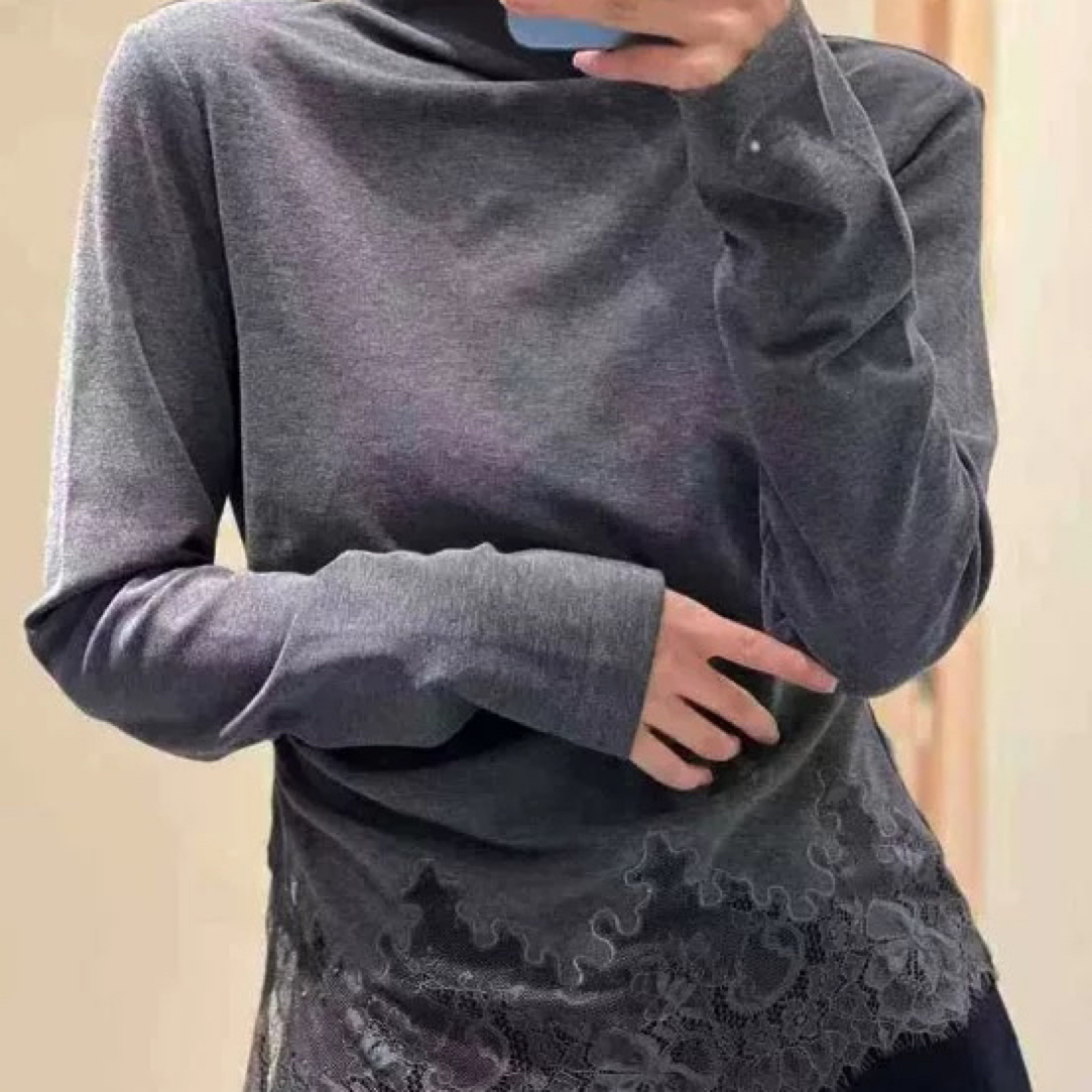 2261秋冬新款拼接蕾丝遮肉斜襟版规则打底上衣T恤