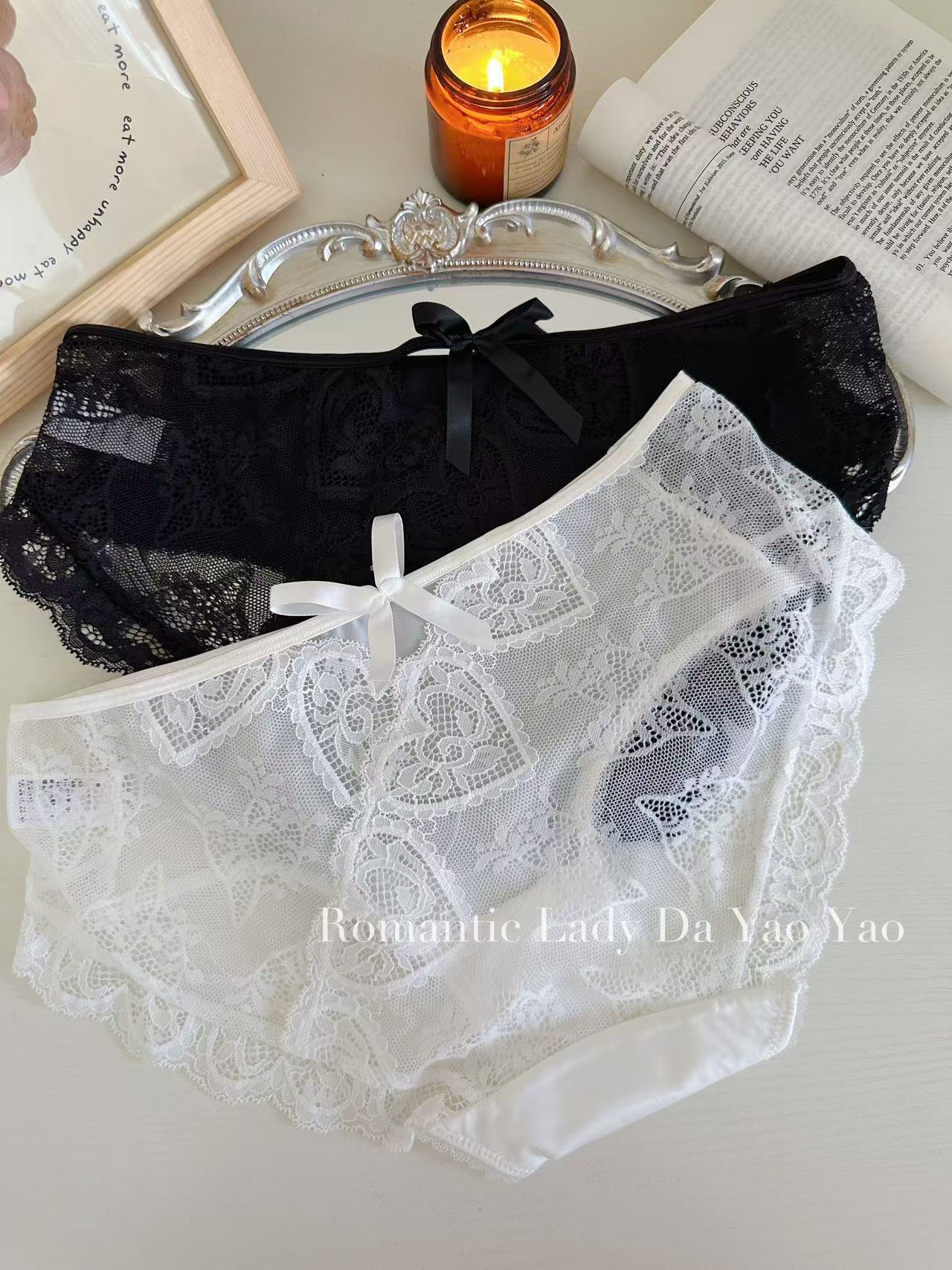 【矜欲】女士中低腰刺绣软蕾丝拼接缎面蝴蝶结舒适内裤