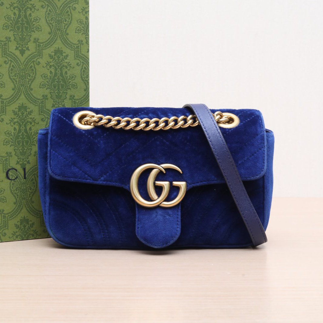 95新 GUCCI/古驰 GG单肩包 Mini 22 蓝色 天鹅绒 金扣 P205225761