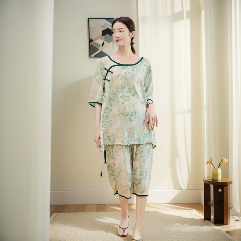 新中式国风加大码睡衣女200斤棉绸夏季短袖七分裤胖mm家居服套装