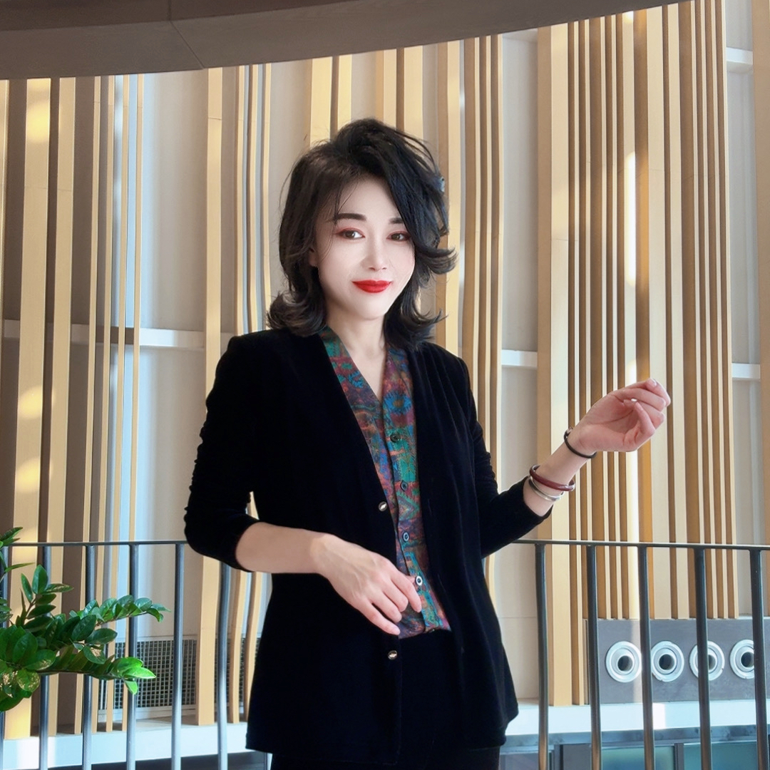 时尚潮流撞色假两件丝绒修身上衣百搭X8875休闲秋冬黑色春秋秋季