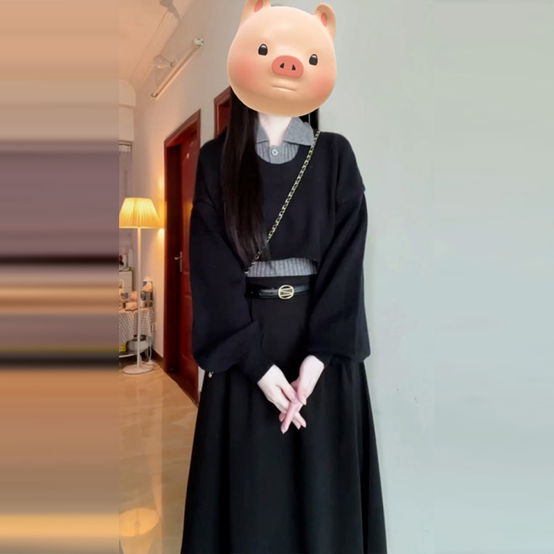 0010秋季新款穿搭一套长裙女高级感学院风黑色连衣裙子三件套