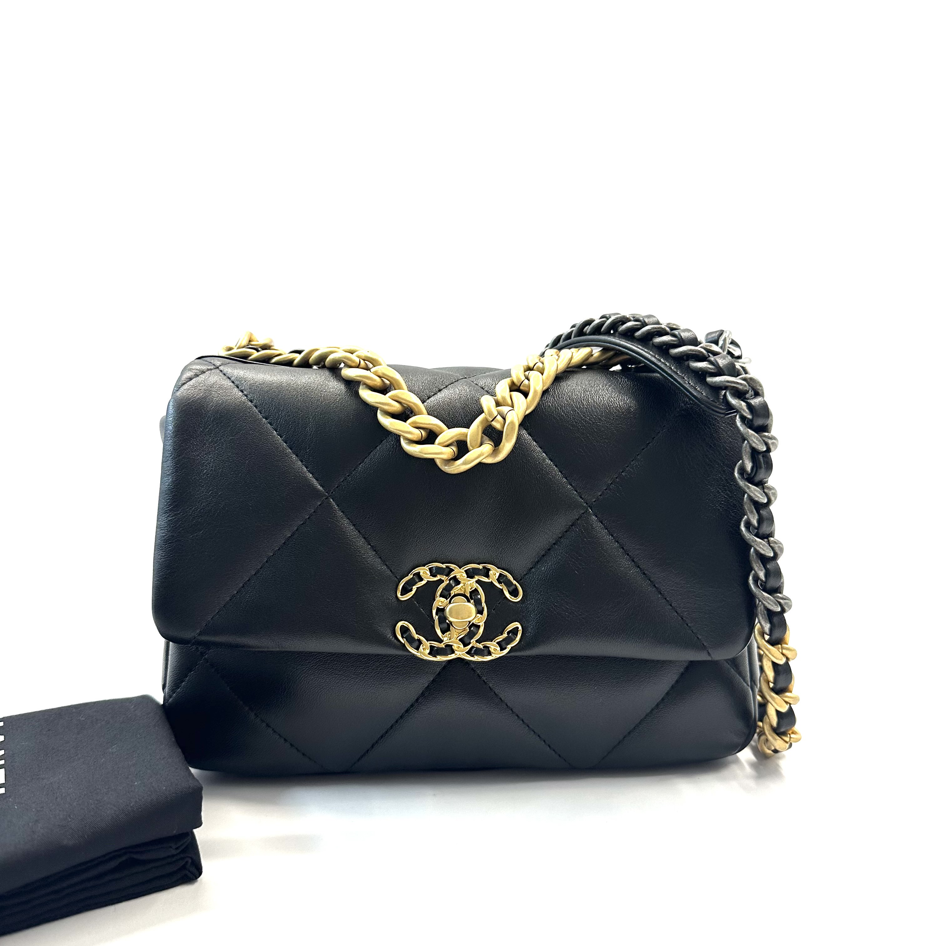 99新 Chanel/香奈儿 19bag 22B 黑色羊皮金银金属手提包 小号
