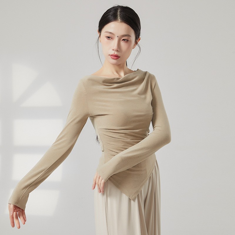古典舞舞蹈服女显瘦荡领透气喇叭袖常规长袖T恤针织不规则瑜伽服