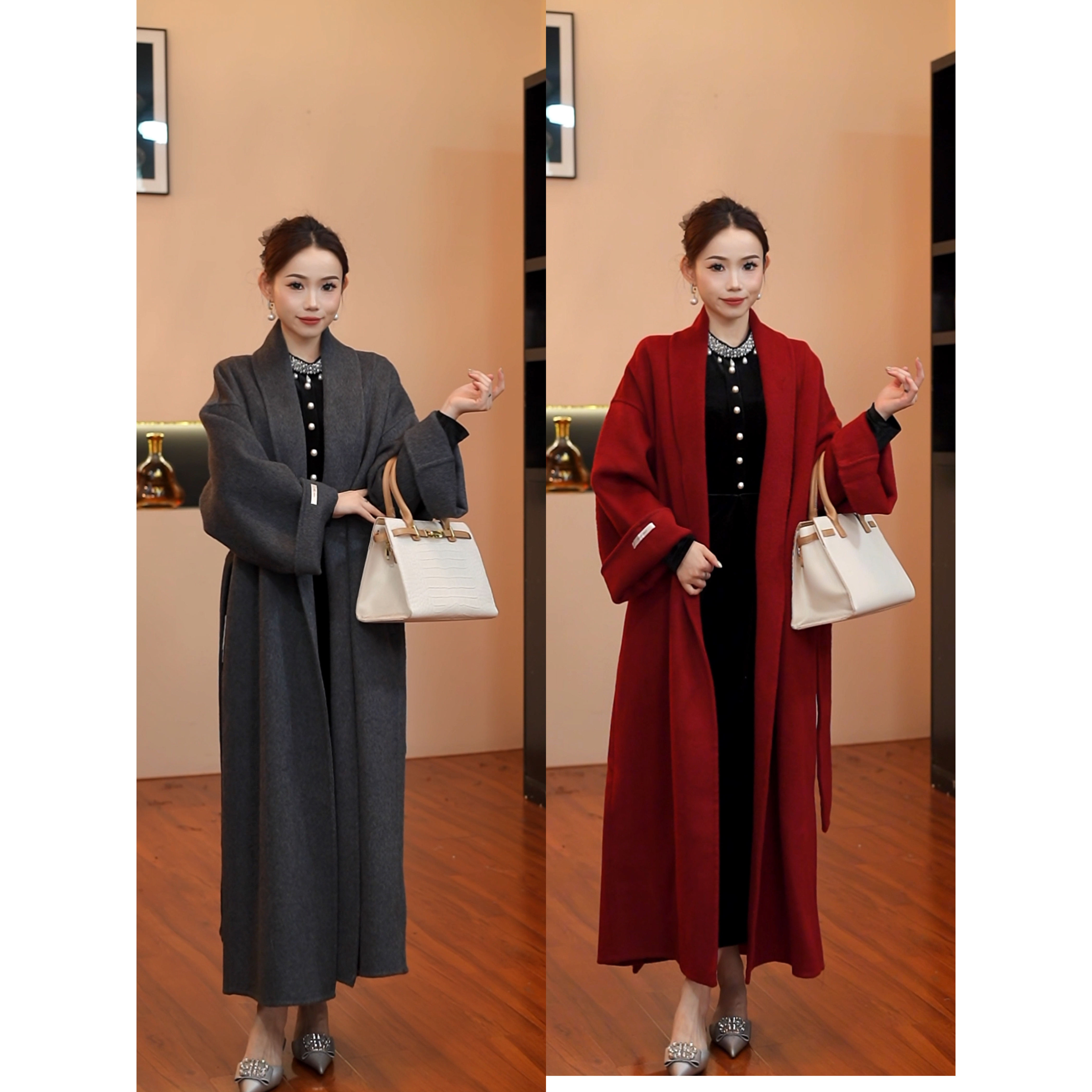 BOYY2523双面羊绒中长款收腰系带高级感羊毛大衣