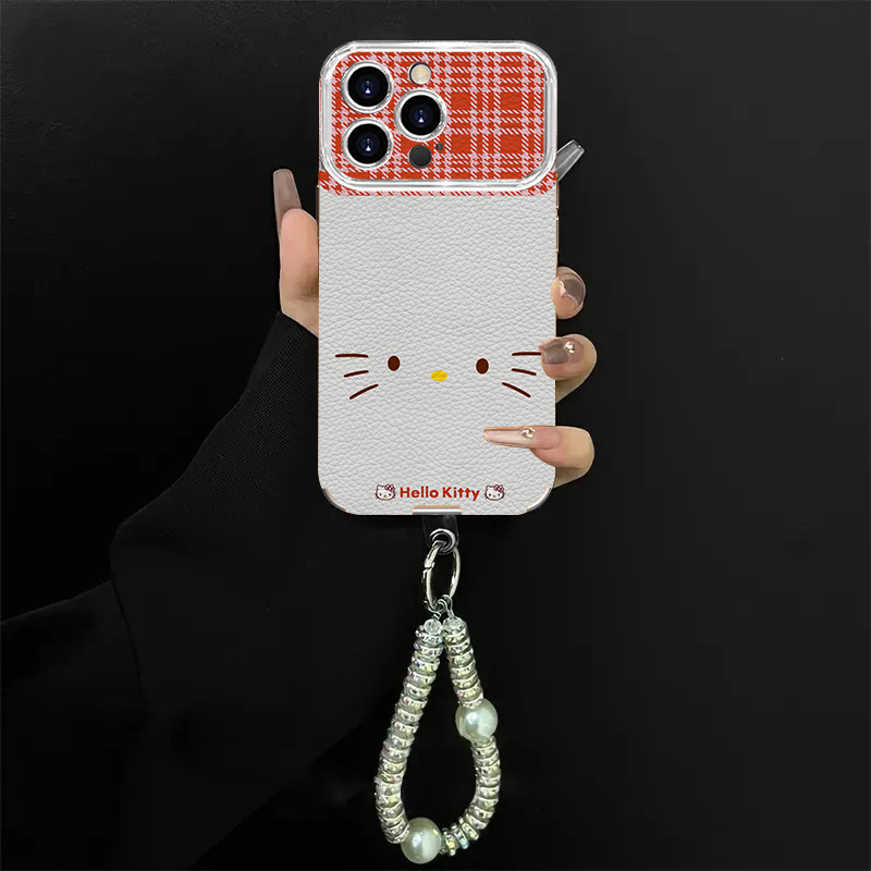 白底红格纹KT表情适用苹果/oppo/华为/vivo/小米电镀大视窗手机壳