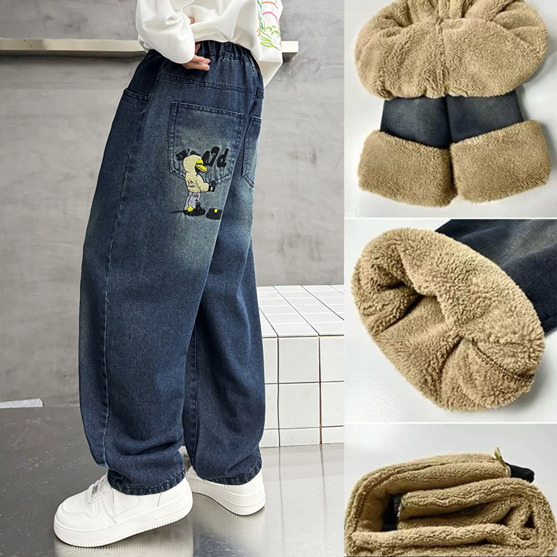 男童牛仔裤加厚绒新款冬季中大童宽松复古蓝色保暖男孩休闲裤子