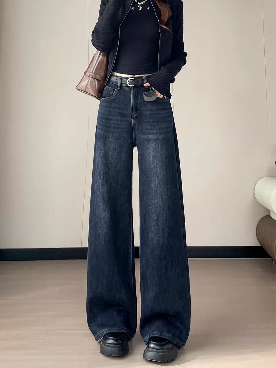 复古加绒加厚阔腿牛仔裤女2025新款冬季欧货高腰显瘦垂感直筒裤子