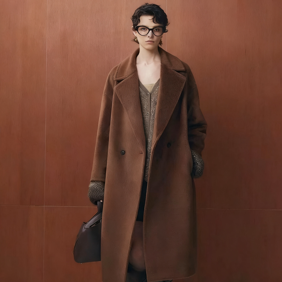 【Y B】骆马绒西装领斜插袋秋冬茧形大衣长款