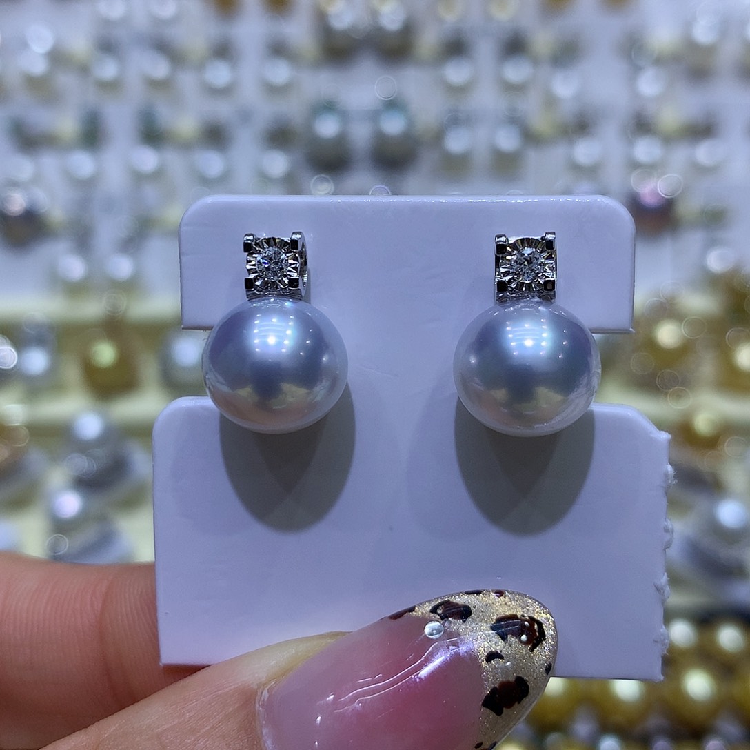 海水珍珠耳饰18K金镶嵌10-11mm澳白