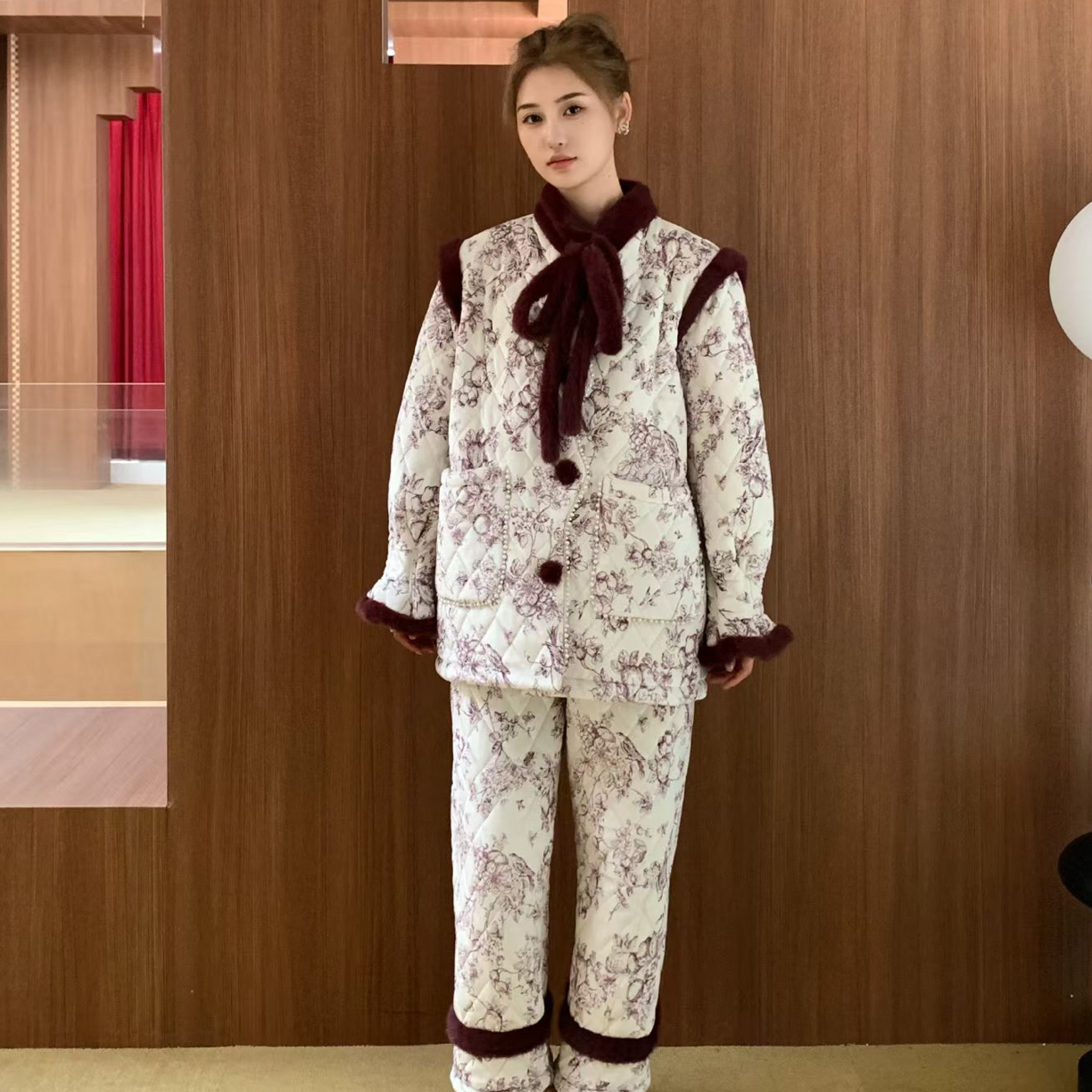 原艾慕优，紫陌云烟，冬季加厚加绒新中式保暖洋气可外穿家居服