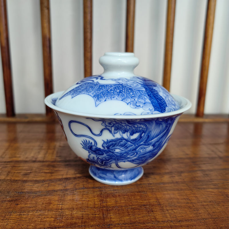自成堂柴窑双龙两才盖碗斗笠青花穿云龙陶瓷茶碗景德镇陶瓷器茶具