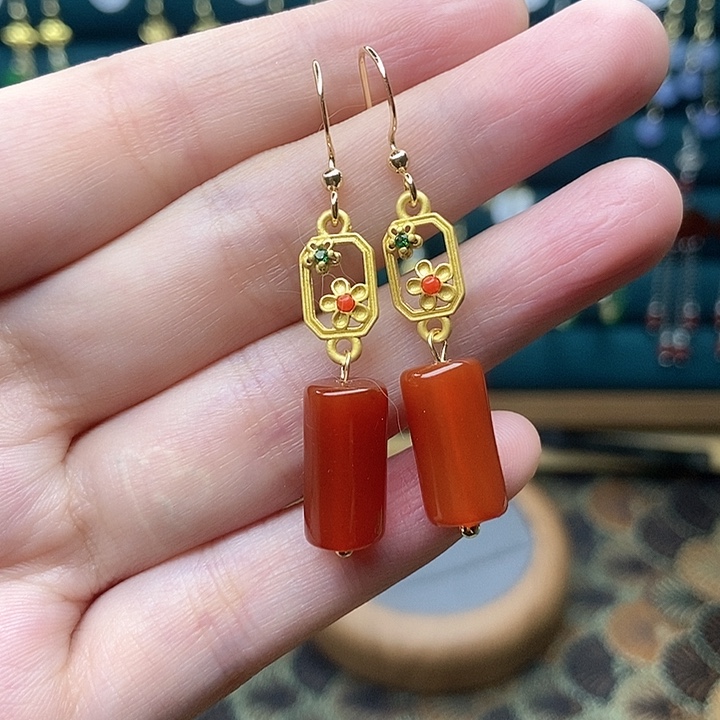 石英质玉耳钉银S925镶嵌