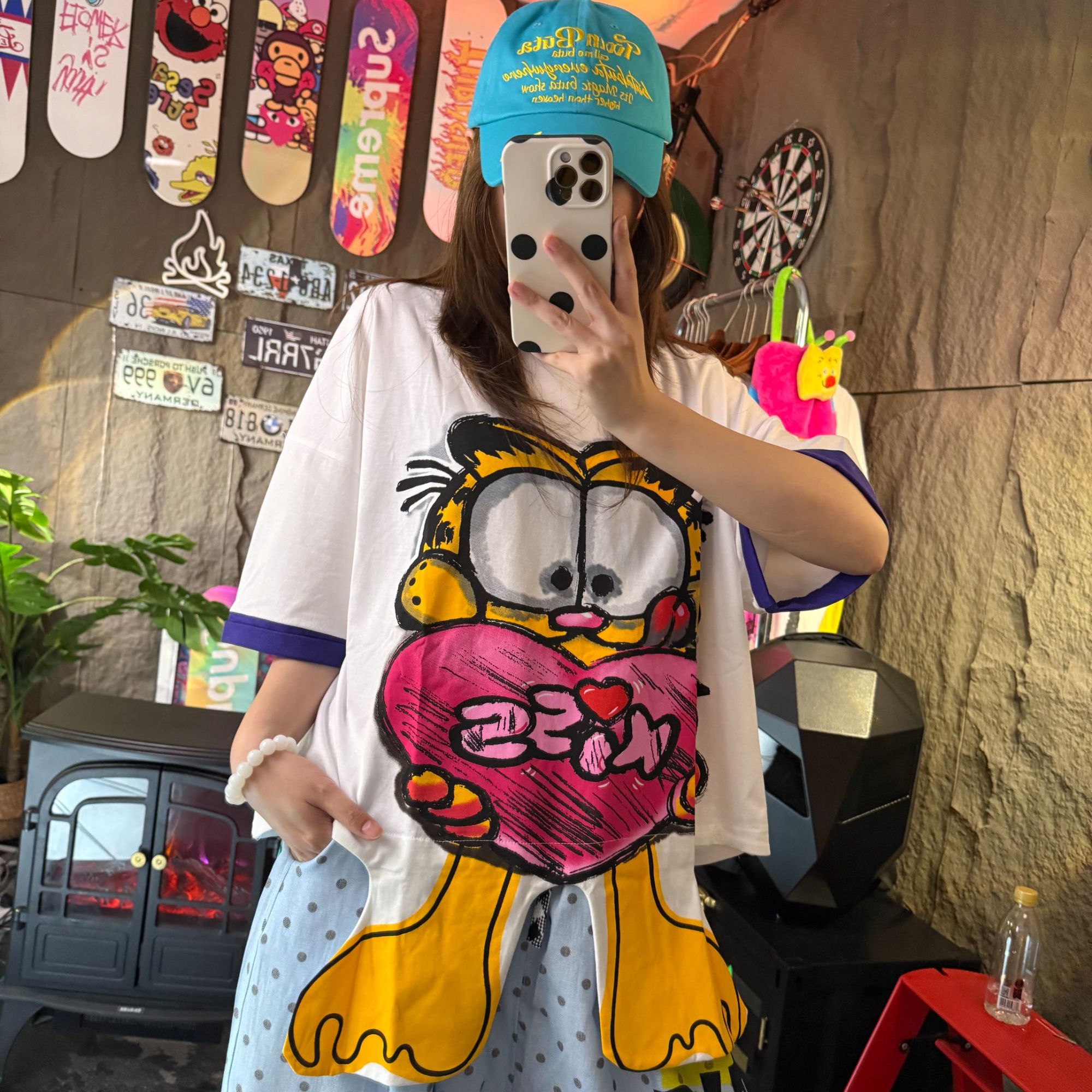 《爱心加菲猫潮牌T恤》夏季宽松印花卡通纯棉个性半袖ins圆领时尚