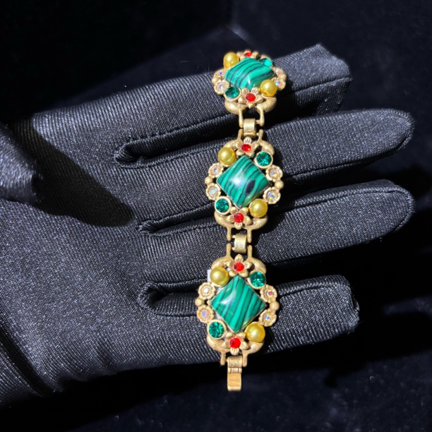 铜合金琉璃手链 气质绿色古法手链镶嵌民族风