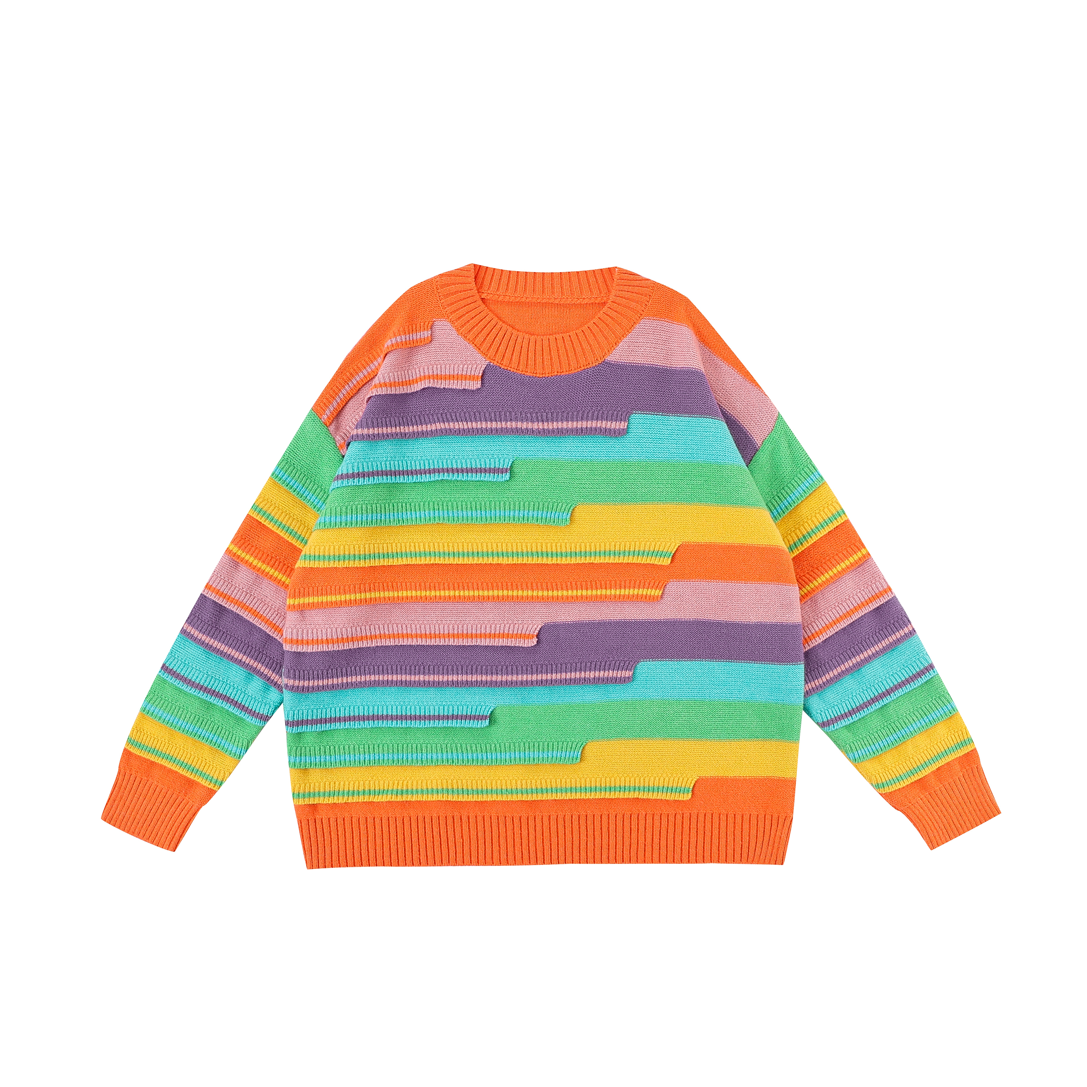 多巴胺彩虹毛衣中长款慵懒风彩色彩虹圆领加厚条纹针织宽松外套女