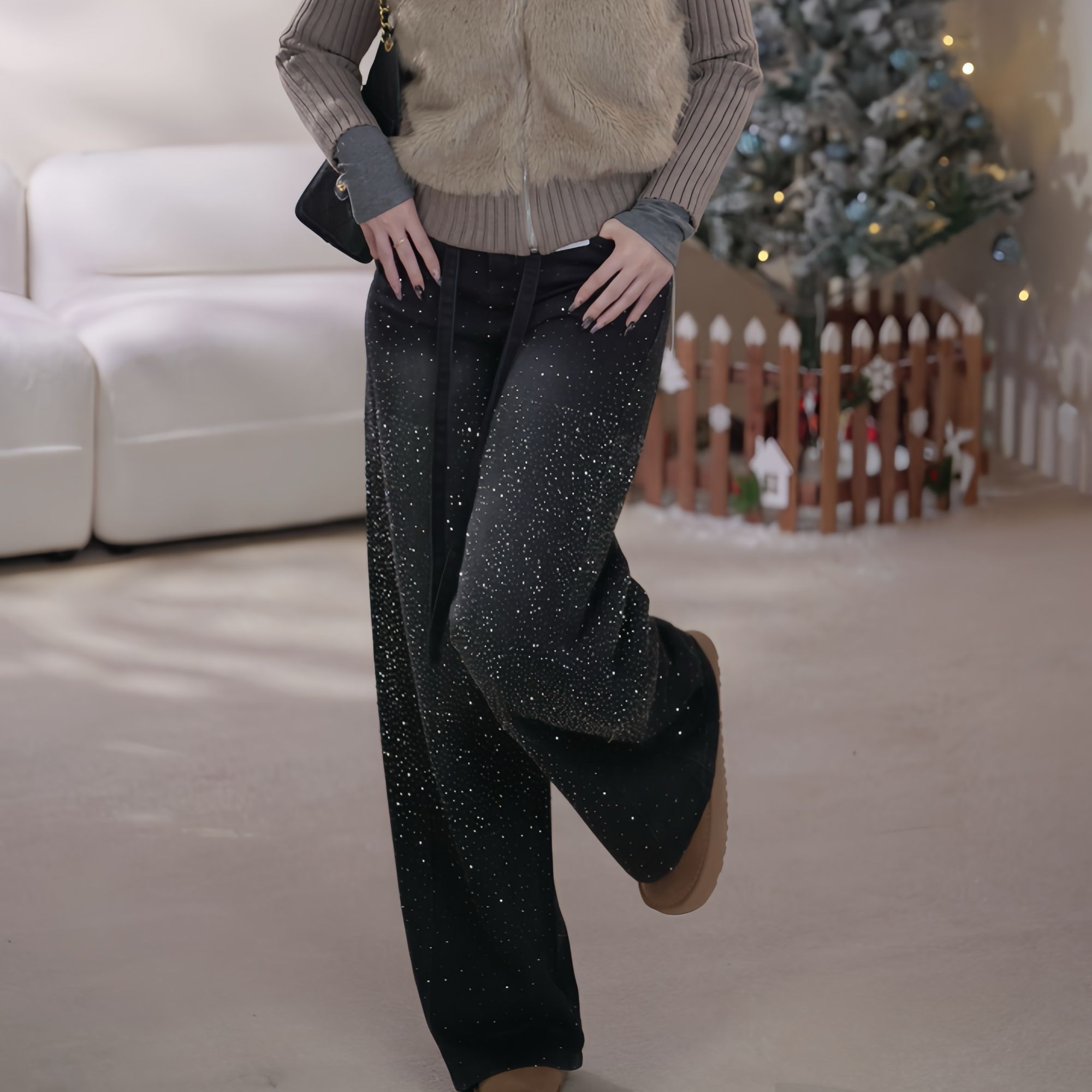 【满天星】美式复古重工烫钻宽松休闲显阔腿裤-Y212017