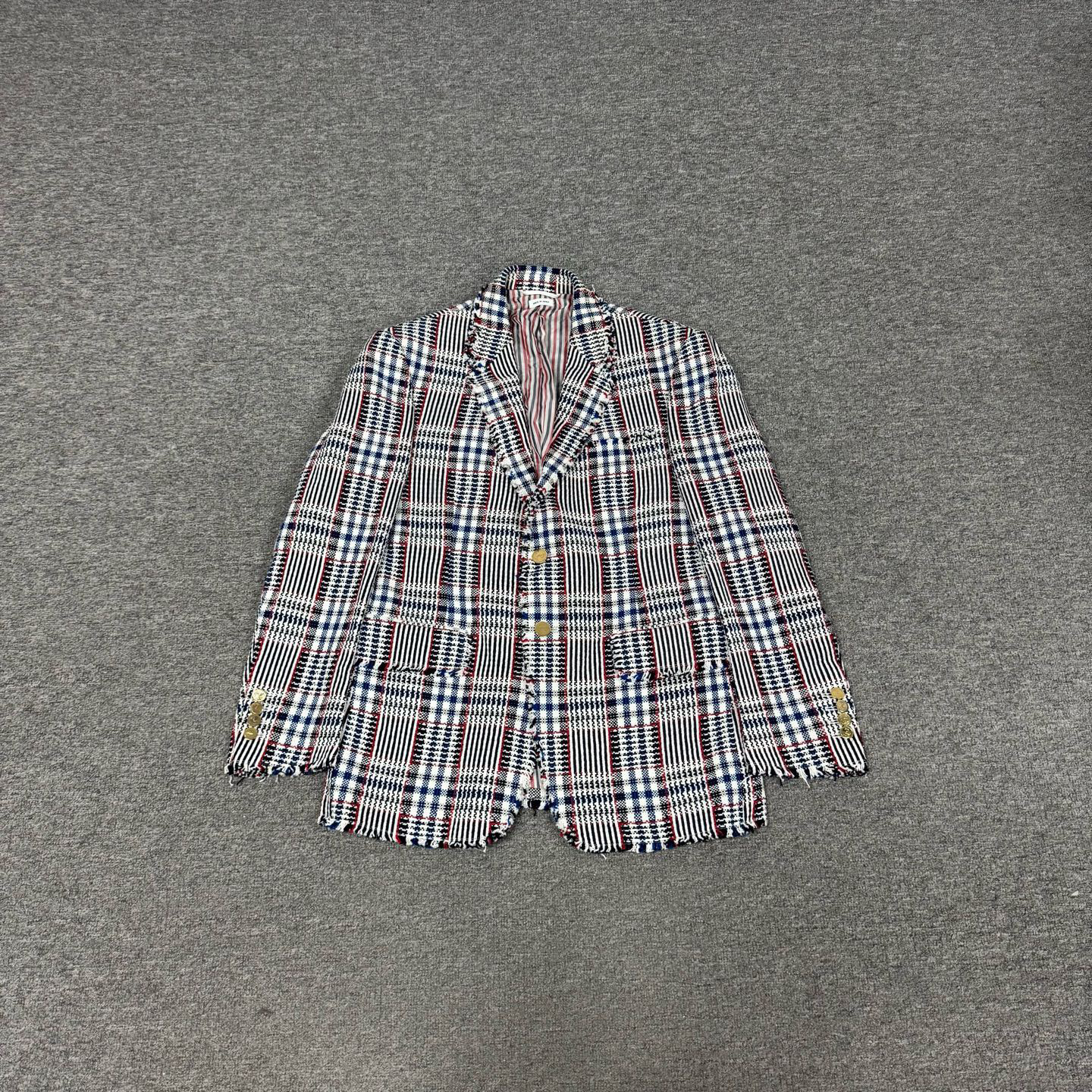 99新 THOMBROWNE TB 汤姆布朗 秀款 流苏边格纹金扣西装外套 4码 