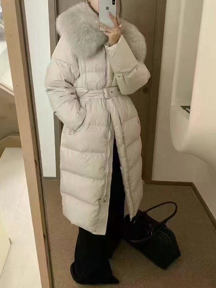 大毛领带腰带长款外套