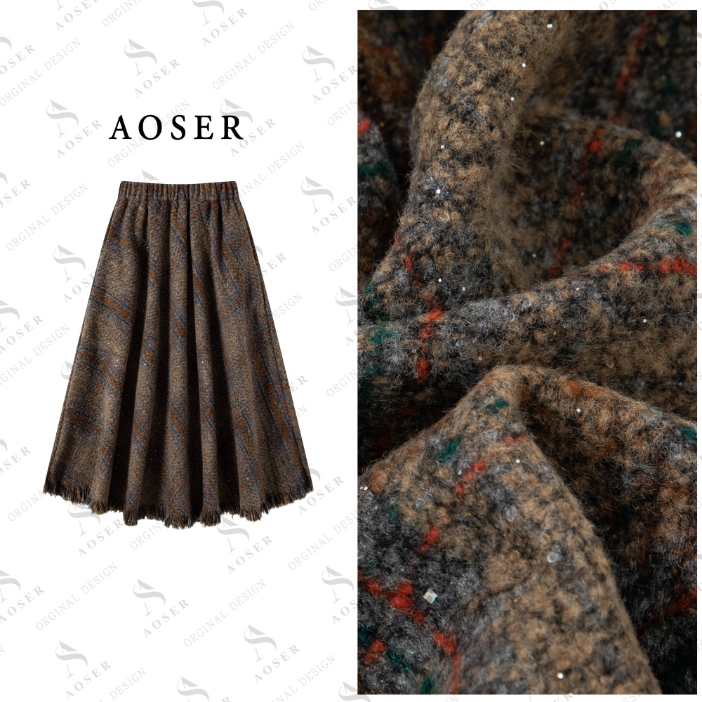 AOSER冬季复古时尚宽松显瘦高级感格子高腰半身裙长款秋冬女装823