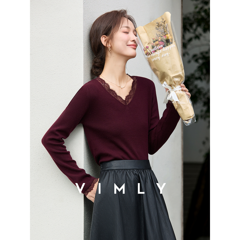 梵希蔓红色蕾丝花边v领针织衫女秋季修身显瘦打底衫上衣75226