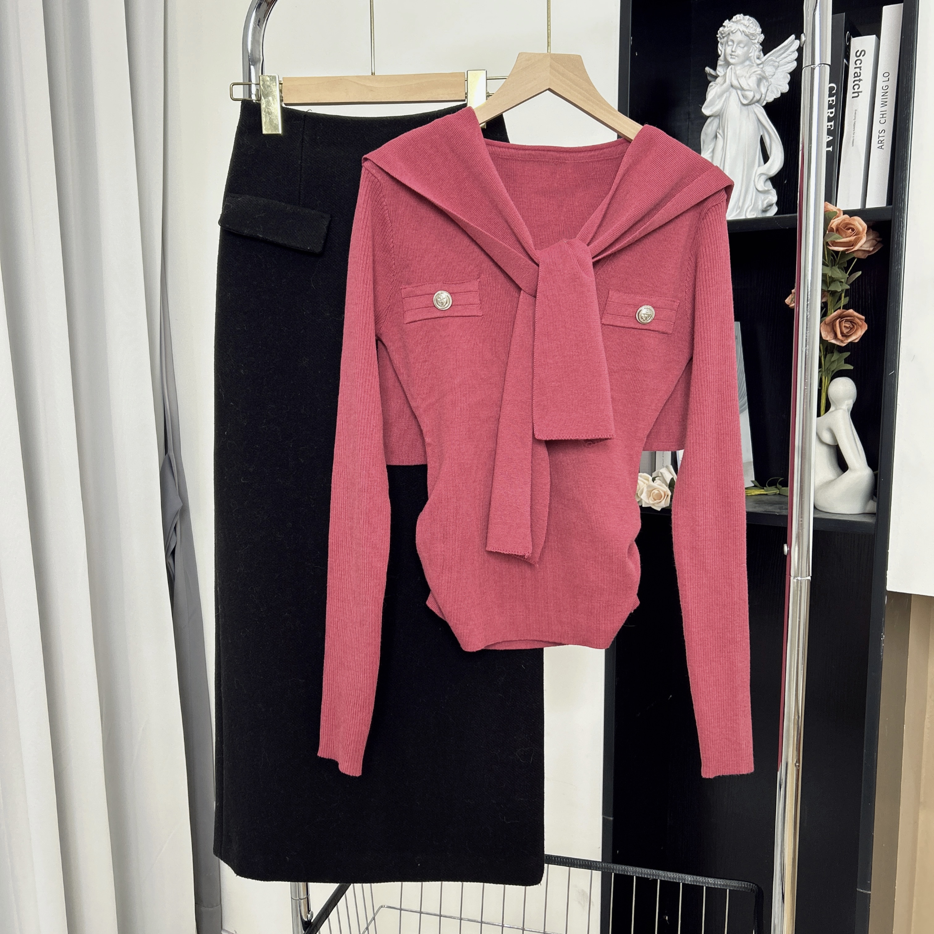 拉夏贝尔25春季新款法式洋气气质设计感上衣+半裙 11117 BCK