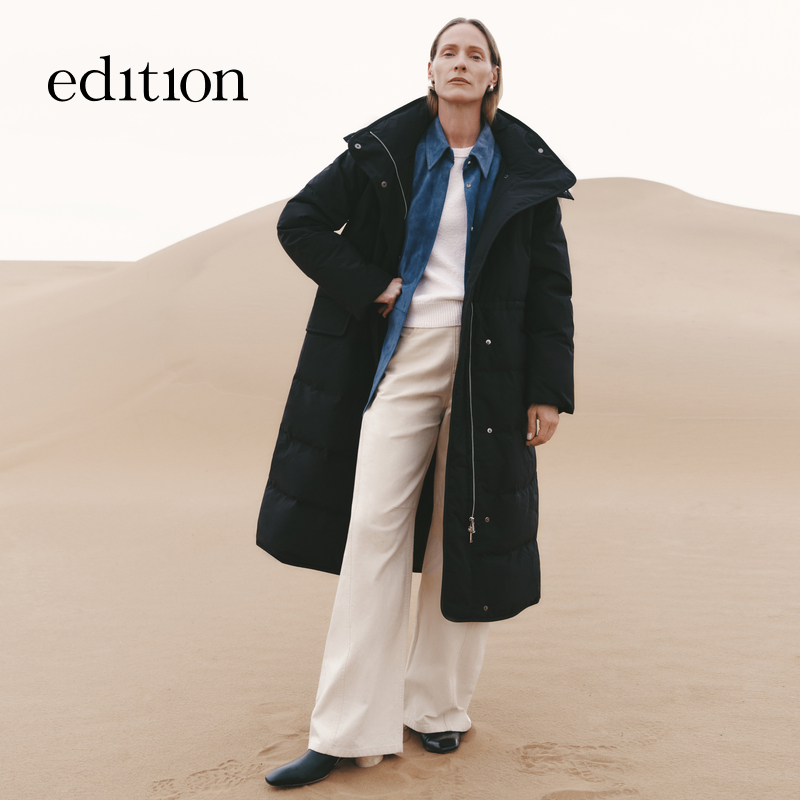 edition冬季时尚轻羽绒女长款连帽收腰鹅绒好羽绒服#EBC4EINK08