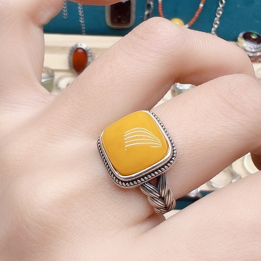 蜜蜡戒指银S925镶嵌天然