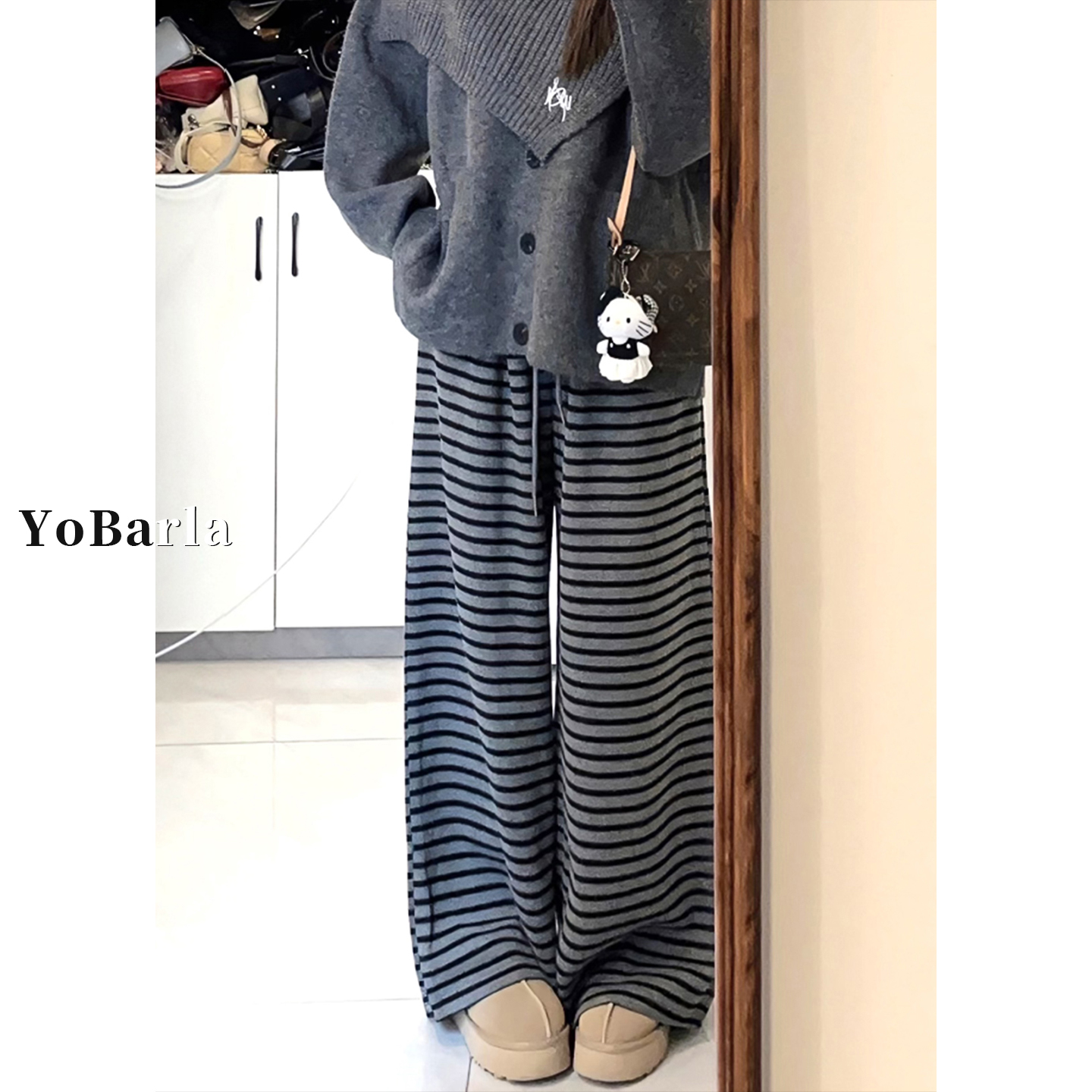 深灰色直筒条纹休闲裤女冬季加绒胖mm宽松大码显瘦软糯垂感阔腿裤