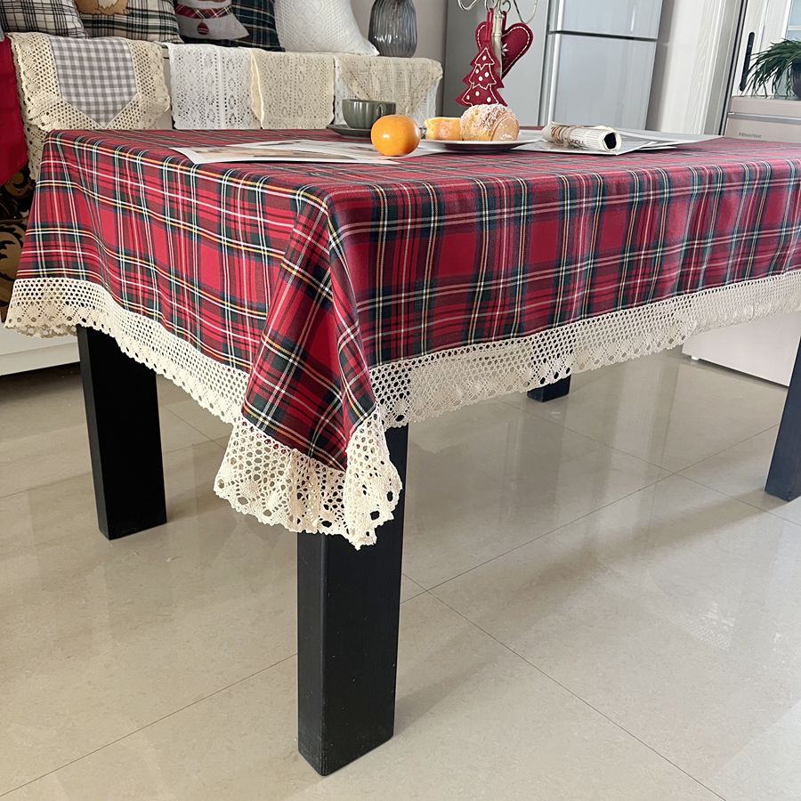 复古格子蕾丝花边桌布长方形圆桌台布茶几阳台节日装饰
