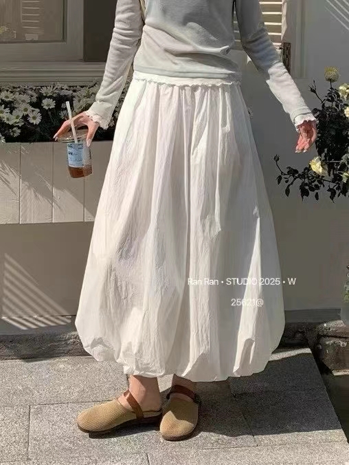 白色高腰花苞半身裙中长款显瘦遮胯透气百搭夏季女裙