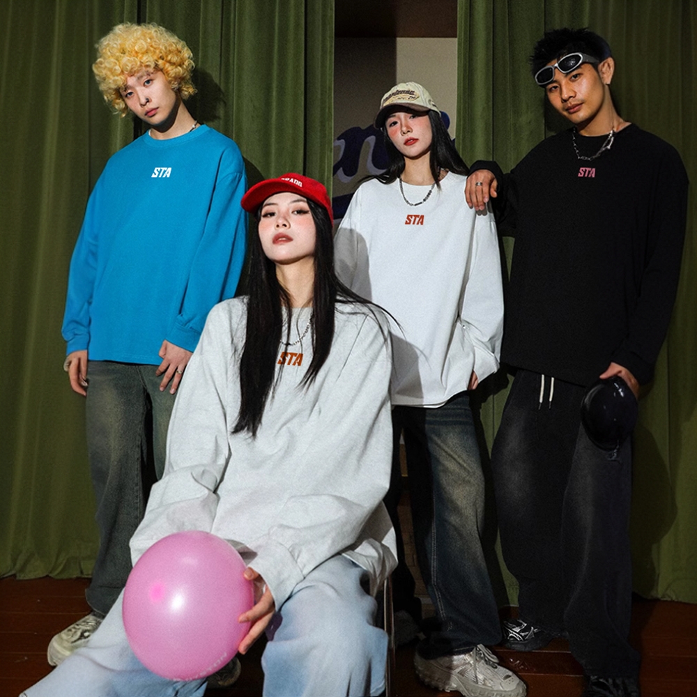 正品STA赛车小logo春秋上衣潮牌国潮情侣打底衫宽松纯棉长袖t恤男