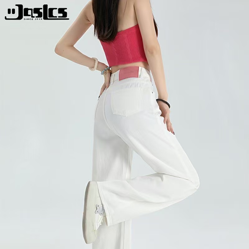 春季新款白色直筒牛仔裤女春季2025高腰显瘦宽松设计感窄版拖地