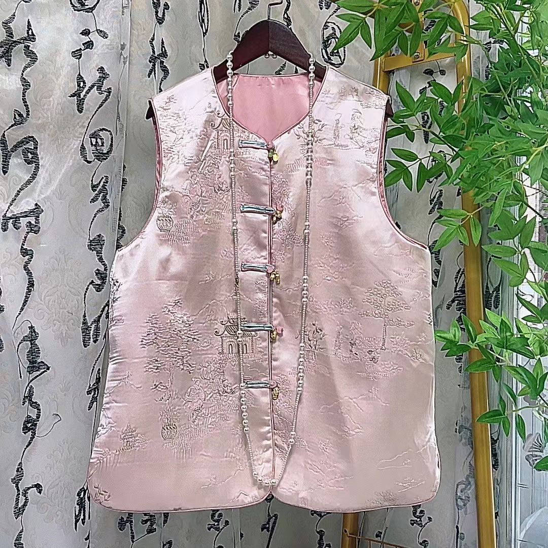 大聪春季新款国风新中式亭台楼阁粉色马甲728