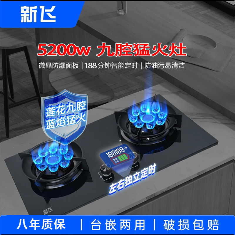 新飞天然气煤气灶双灶头家用猛火一级节能台钳两用智能定时