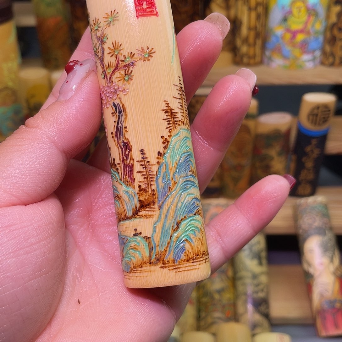 包***的实心竹手工作品火刻彩雕山水