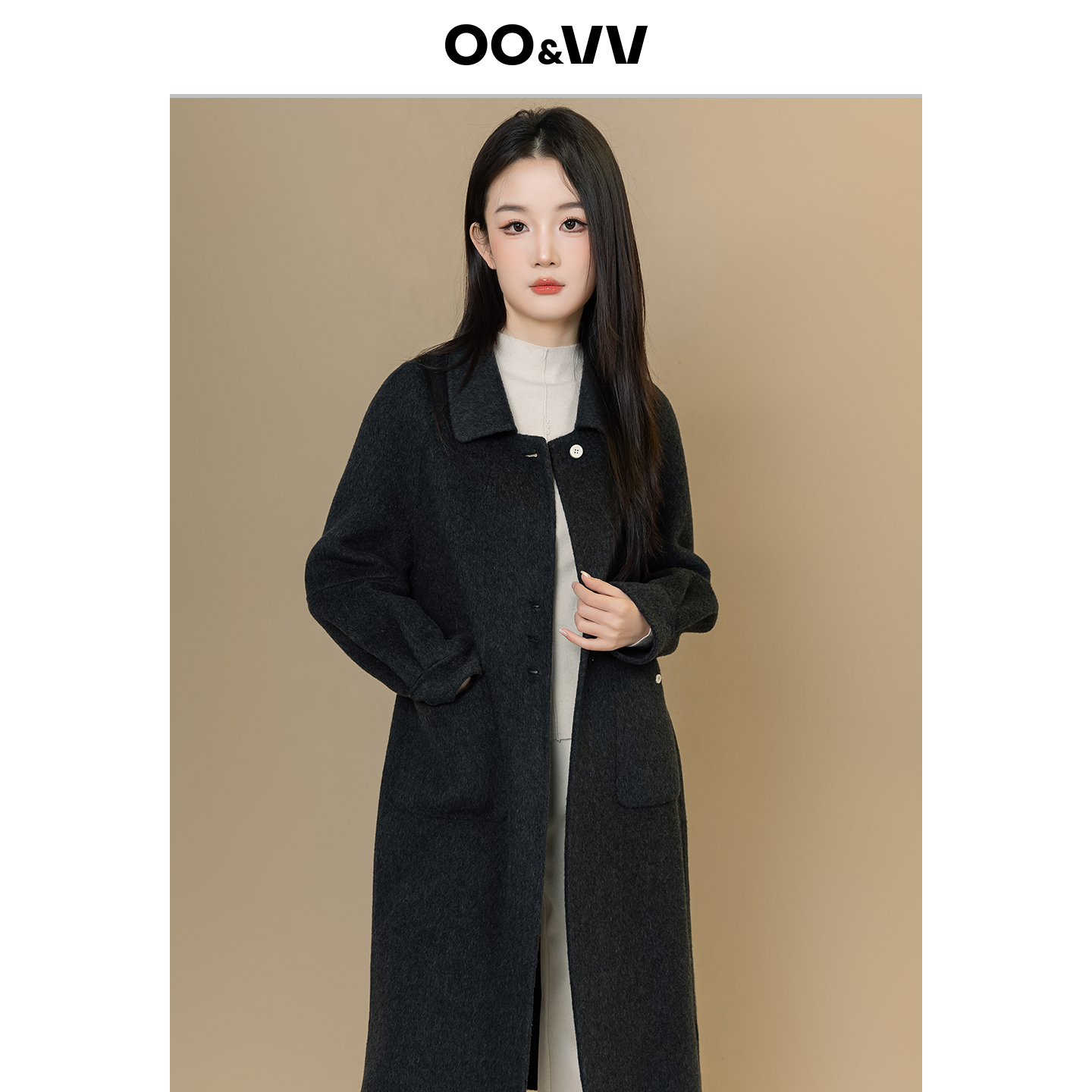 OO&VV老钱风羊驼毛呢大衣女冬中长款小翻领天丝保暖简约时尚外套