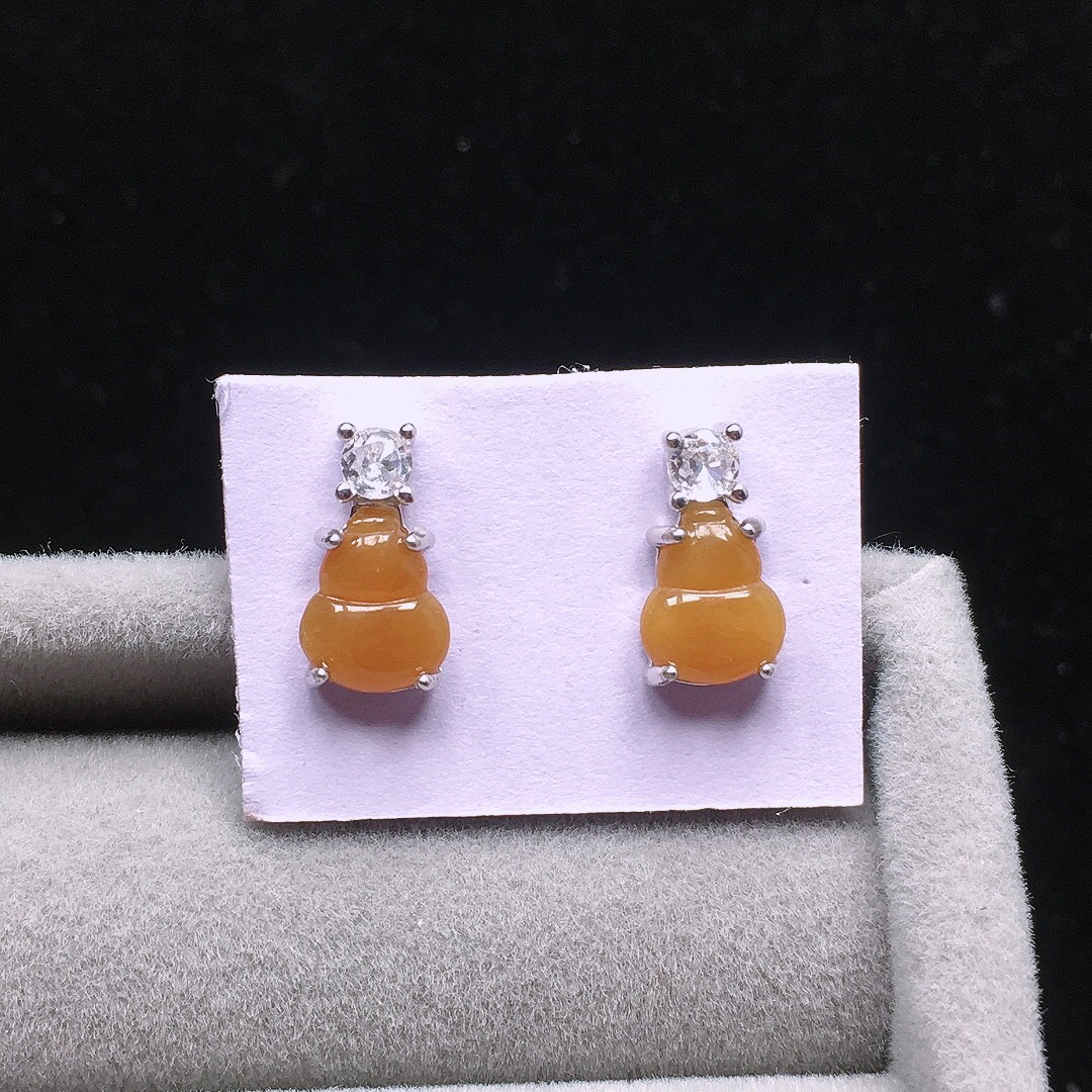 天然缅甸翡翠A货925银镶嵌冰种冰黄葫芦耳钉