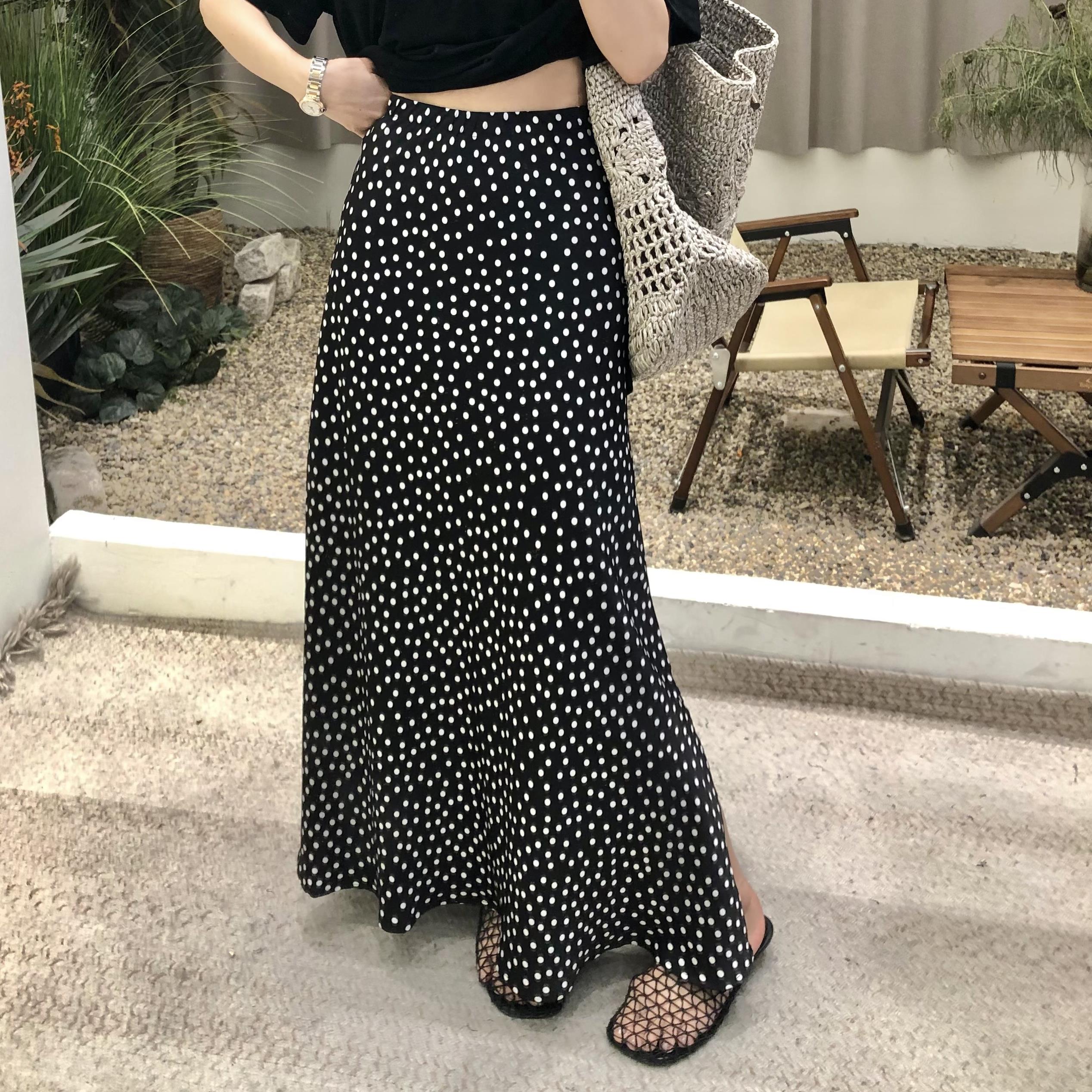名媛小波点 夏季新款曼妙灵动圆点印花 斜裁长款黑色半身裙鱼尾裙