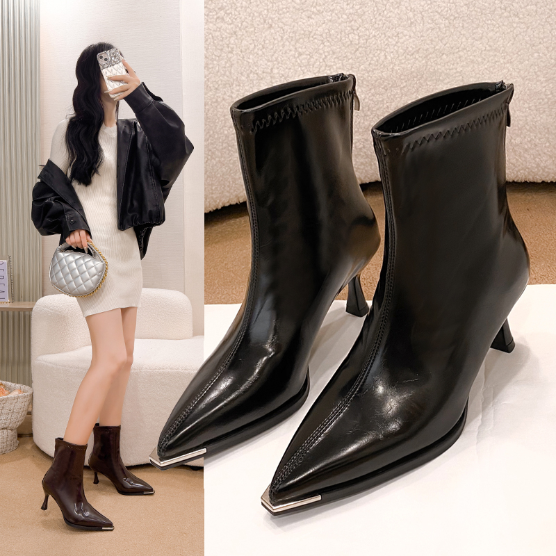 时装靴女冬季法式后拉链加绒短筒靴5cm细跟显瘦棉靴尖头马丁靴女