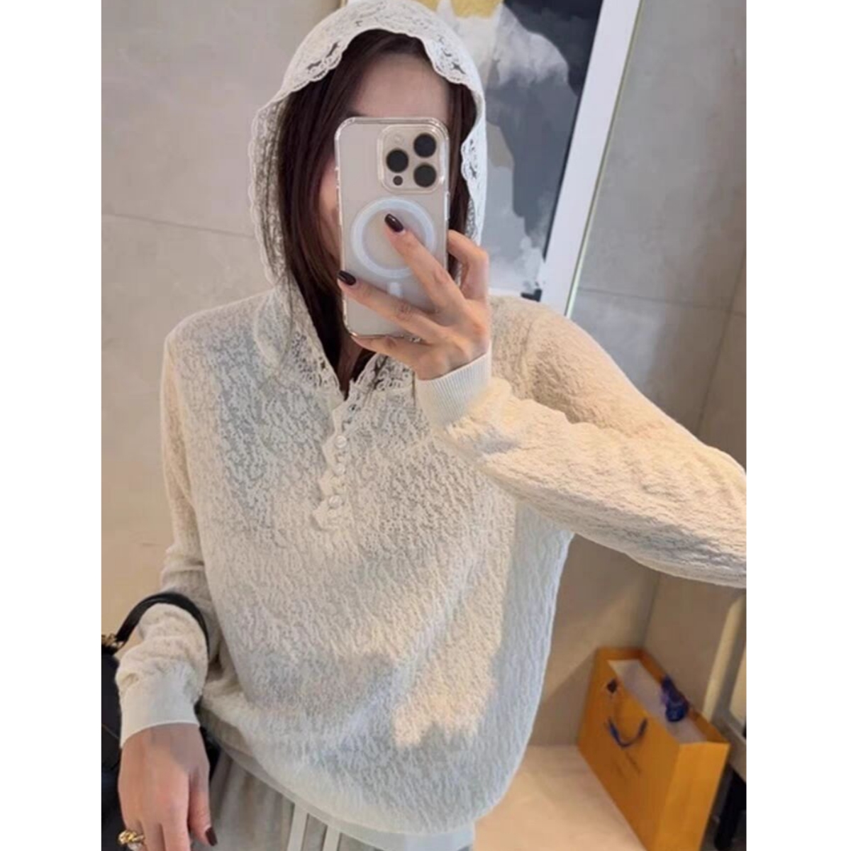 法式蕾丝连帽春秋毛针织衫内搭打底长袖气质时尚百搭镂空洋气上衣