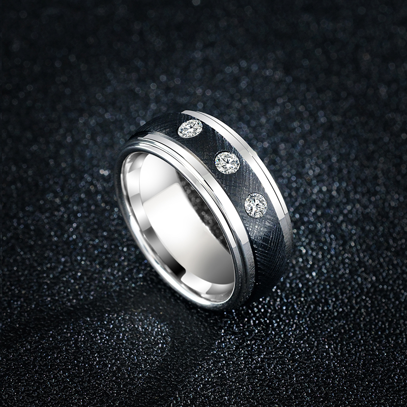 飒雅 钨合金合成锆石戒指 时尚百搭黑色男戒个性镶钻百搭指环j348