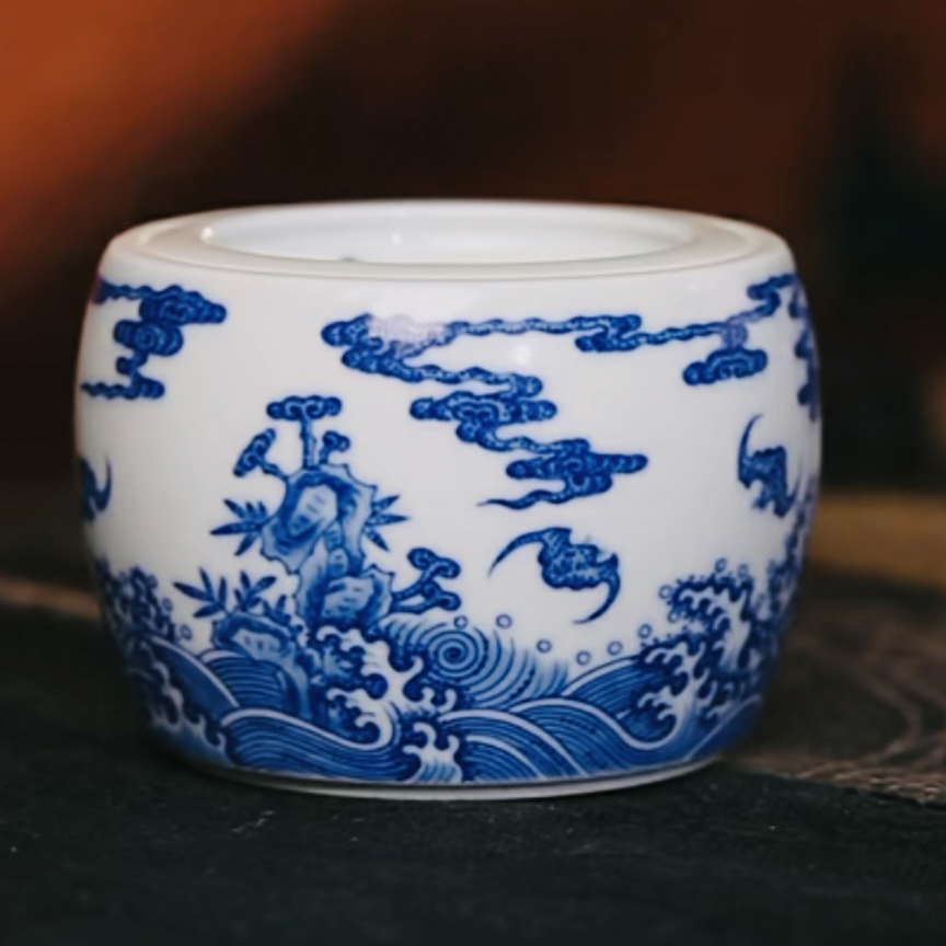 【黄老邪真选】觉山隐窑｜青花重工点工福山寿海小水洗白瓷茶具陶瓷