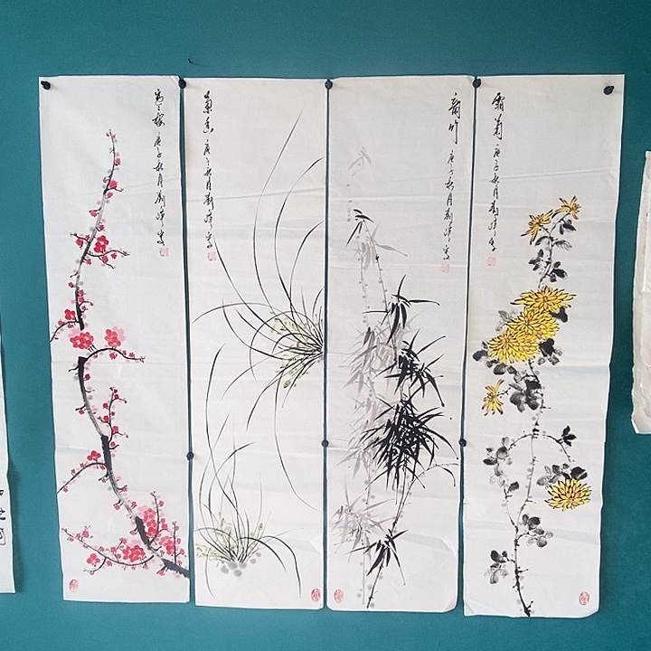 国画四尺对开手绘花鸟四条屏